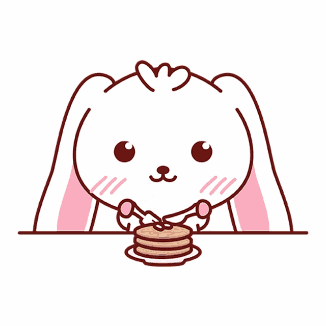 a cartoon bunny is eating a stack of pancakes with syrup