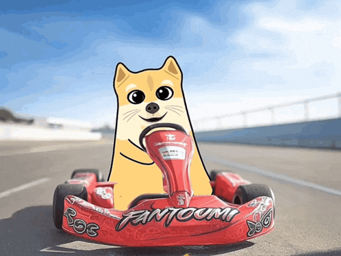 a cartoon dog is driving a red go kart that says fantomi