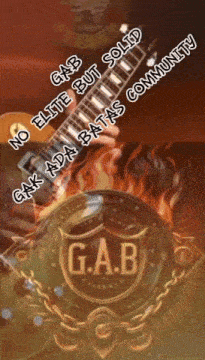 a g.a.b logo with a person holding a guitar in the background