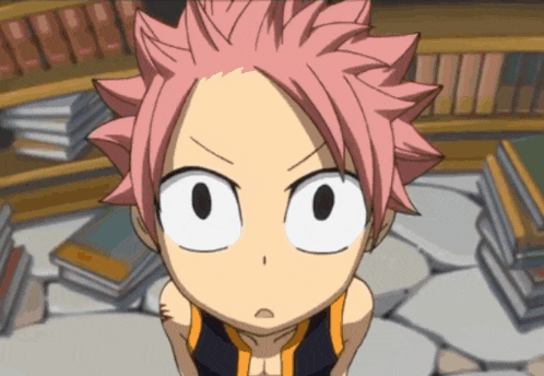 a cartoon character with a surprised look on his face stands in front of a stack of books