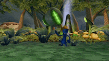 a blue cartoon character is holding a green plant in a video game .