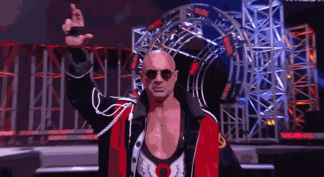 a bald wrestler wearing sunglasses and a red jacket stands in front of a sign that says wwe