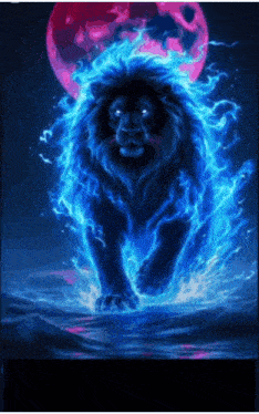 a black lion is surrounded by blue flames and a full moon behind it