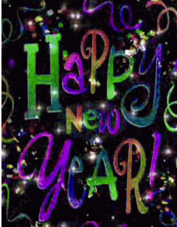 a happy new year greeting card with colorful letters and confetti