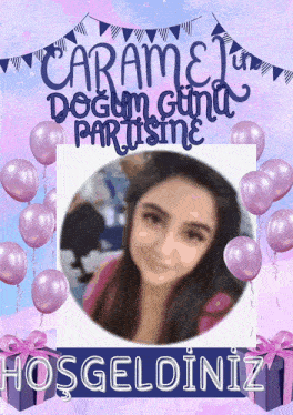 a picture of a girl surrounded by balloons and the words hoşgeldiniz on the bottom