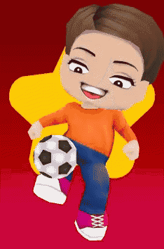 a cartoon girl is kicking a soccer ball and smiling