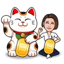 a cartoon of a woman sitting next to a lucky cat .