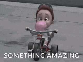 a cartoon boy is riding a tricycle on a sidewalk and saying `` something amazing '' .