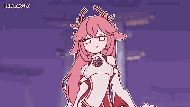 a cartoon of a girl with long pink hair and horns .
