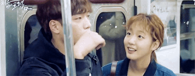 a man and a woman are sitting next to each other on a subway car .