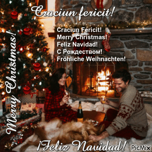 a man and woman sitting in front of a fireplace with a christmas tree in the background
