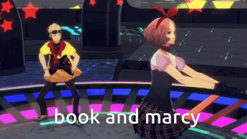 a man and a woman are dancing in a video game with the words book and marcy above them