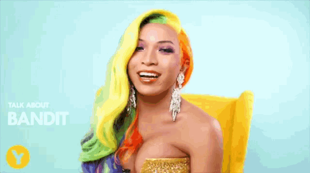 a woman with rainbow hair is sitting in a yellow chair with the words talk about bandit below her