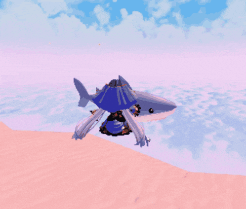 a computer generated image of a shark and a tent on the beach