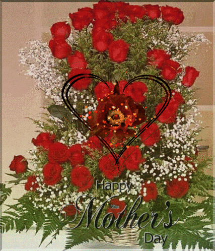 a bouquet of red roses and baby 's breath with the words happy mother 's day on it