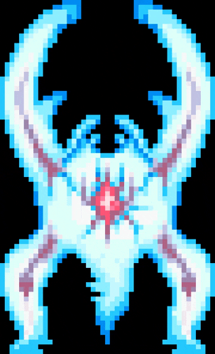 a pixel art drawing of a blue and white object with a red center