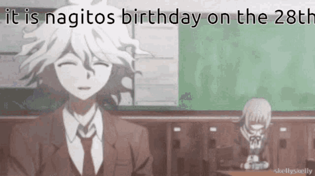 a man in a suit and tie is smiling in a classroom with the words it is nagutos birthday on the 28th