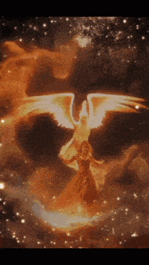 a woman in a red dress is surrounded by flames and a phoenix with wings .