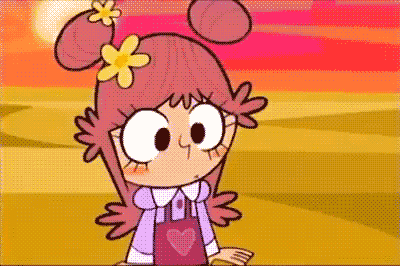 a cartoon girl with a flower in her hair and overalls with a heart on them