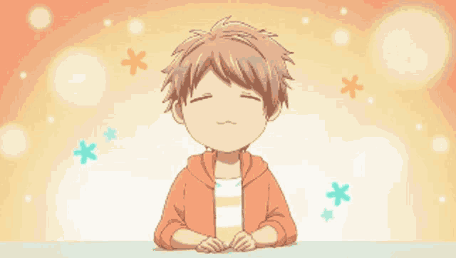 a little boy with his eyes closed and flowers behind him