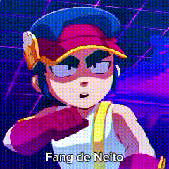 a cartoon character with a hat and gloves is standing in front of a purple background and says fang de neito .