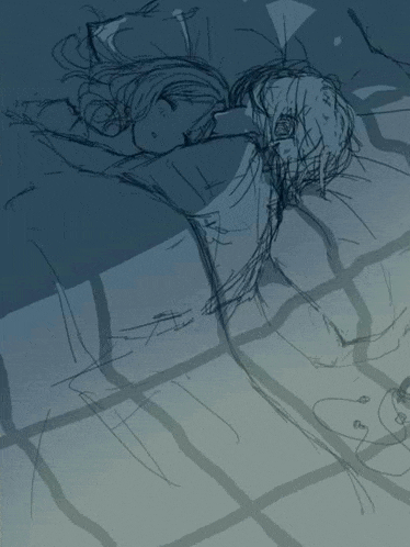 a drawing of a couple laying on a bed