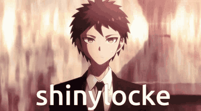 a man in a suit and tie is standing in front of a sign that says shiny locke