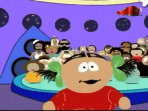 a cartoon character in a red shirt stands in front of a crowd of people
