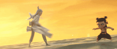 a person holding a child in their arms against a yellow sky