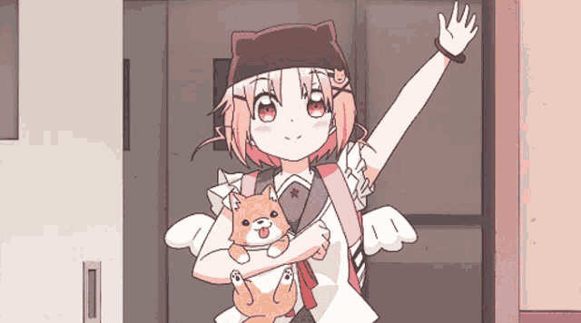 a girl in a cat hat is holding a stuffed animal and waving