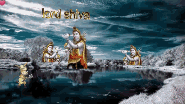 a painting of lord shiva with a lake and trees in the background