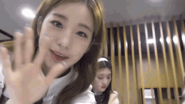two girls are standing next to each other and one of them is waving at the camera