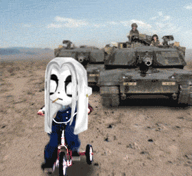 a cartoon of a girl riding a tricycle in front of two tanks