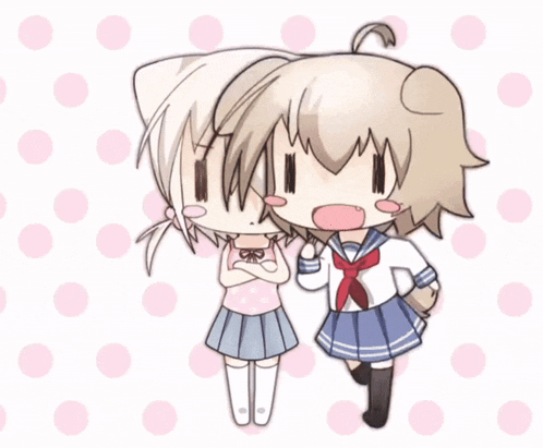 two anime characters are standing next to each other with their arms crossed on a pink polka dot background