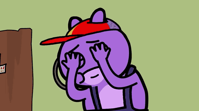 a cartoon drawing of a purple bear wearing a red hat