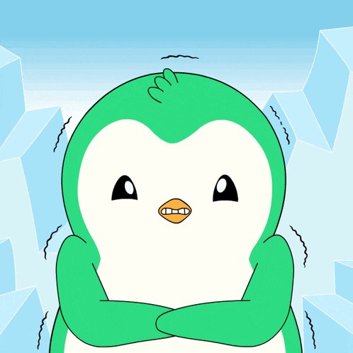 a green and white penguin with its arms crossed is standing in front of ice cubes