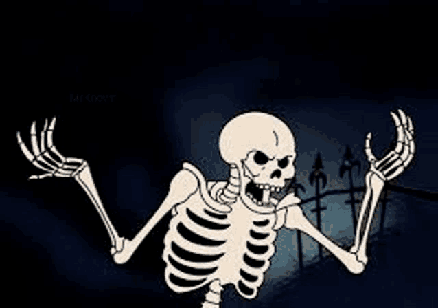 a skeleton is standing in front of a fence in a cemetery with its arms outstretched .
