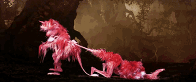 a painting of a unicorn being pulled by a pink animal
