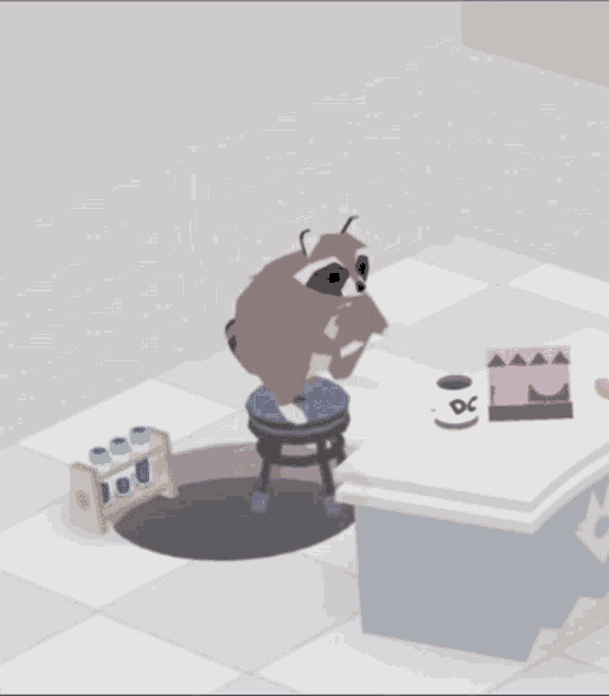a raccoon sits on a stool in front of a table with a cup of coffee