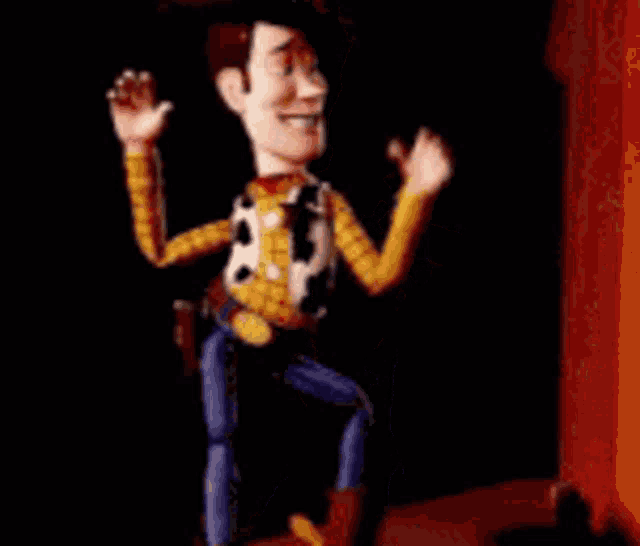 woody from toy story is standing in a doorway and pointing