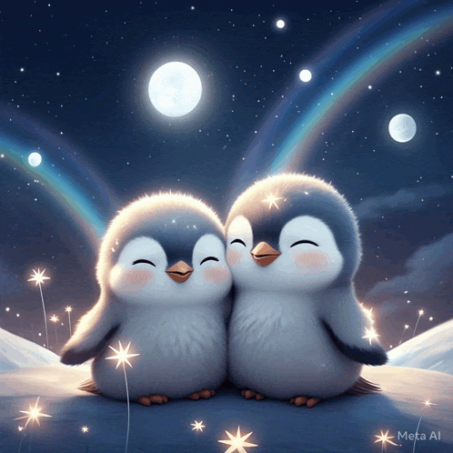 a couple of penguins sitting next to each other with a rainbow in the background