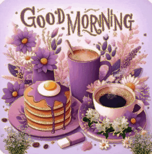 a greeting card that says good morning with a stack of pancakes and a cup of coffee