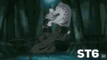 a cartoon character is flying through the air with the word st6 on the bottom of the screen .