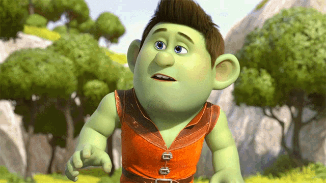 a cartoon character with green hair and a red vest has buttons on his chest