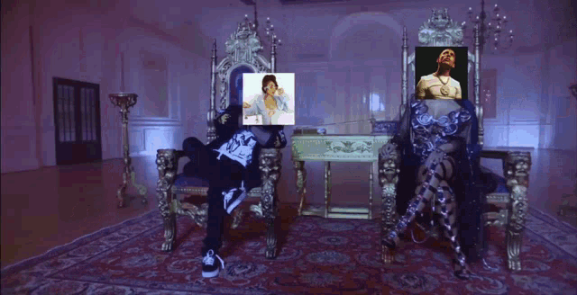 a man and a woman are sitting on a throne with the words " supreme " in gold letters