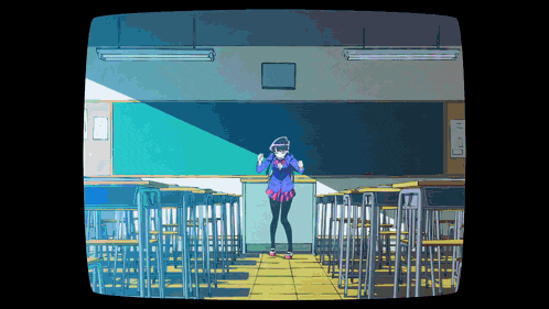 a pixel art drawing of a girl in a classroom with empty desks
