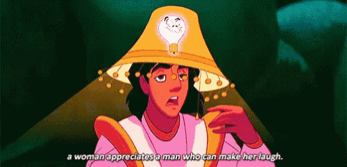 a man wearing a hat with a light bulb on it is talking about a woman appreciating a man who can make her laugh