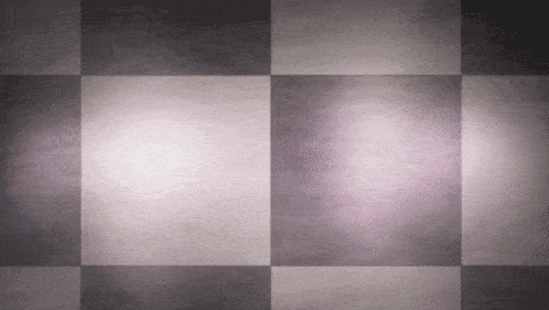 a black and white checkered background with a purple glow in the center
