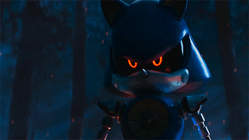 a close up of a sonic the hedgehog robot with red eyes