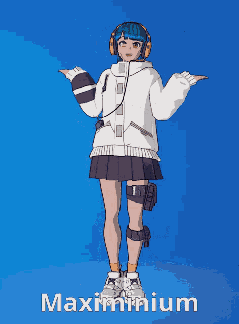 a girl in a white jacket and purple skirt is dancing with the words maximinum written on the bottom